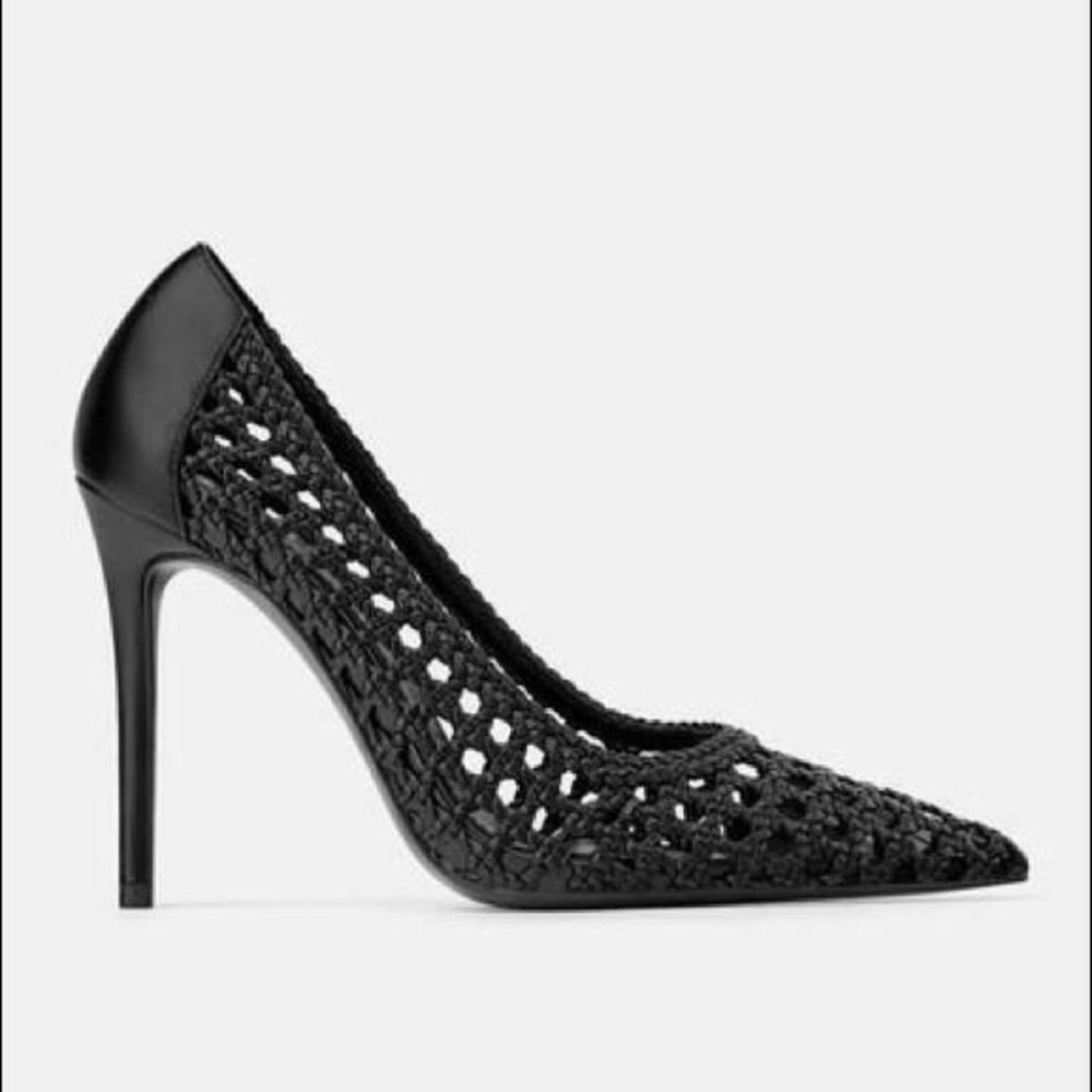 NEW ZARA Basic Collection Black Woven Pointed Toe High Heel Pumps - Picture 2 of 11